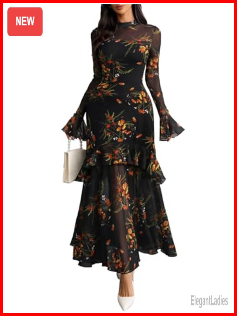 Floral Maxi Dress Bell Sleeve Formal Wedding Guest Party Dress